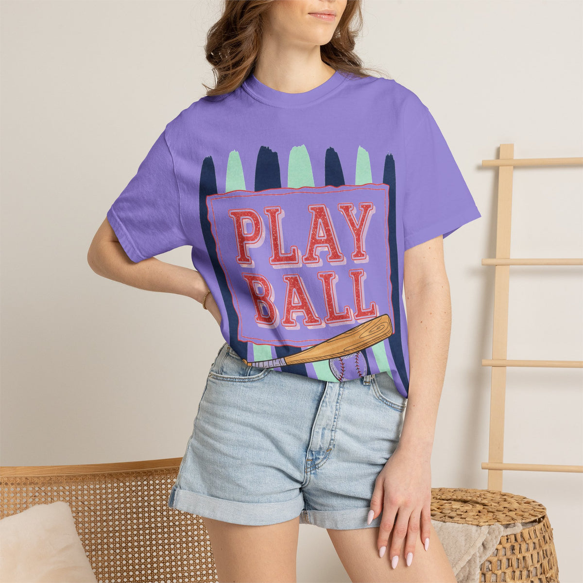 Play Ball Tall Stripe Shirt, Painted Baseball Panel Tee, Game Day Baseball Shirt, Sports Mom Gift