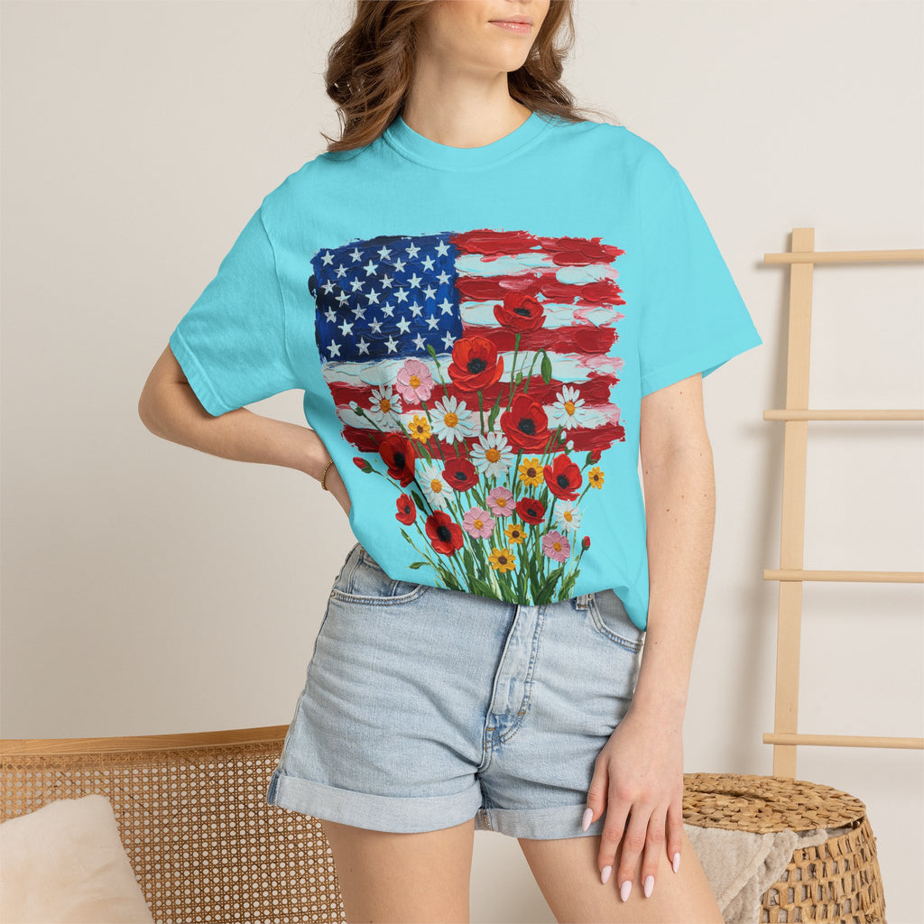 American Flag Poppy Bouquet Shirt, Impasto Patriotic Floral Tee, Memorial Day Shirt, Veterans Gift