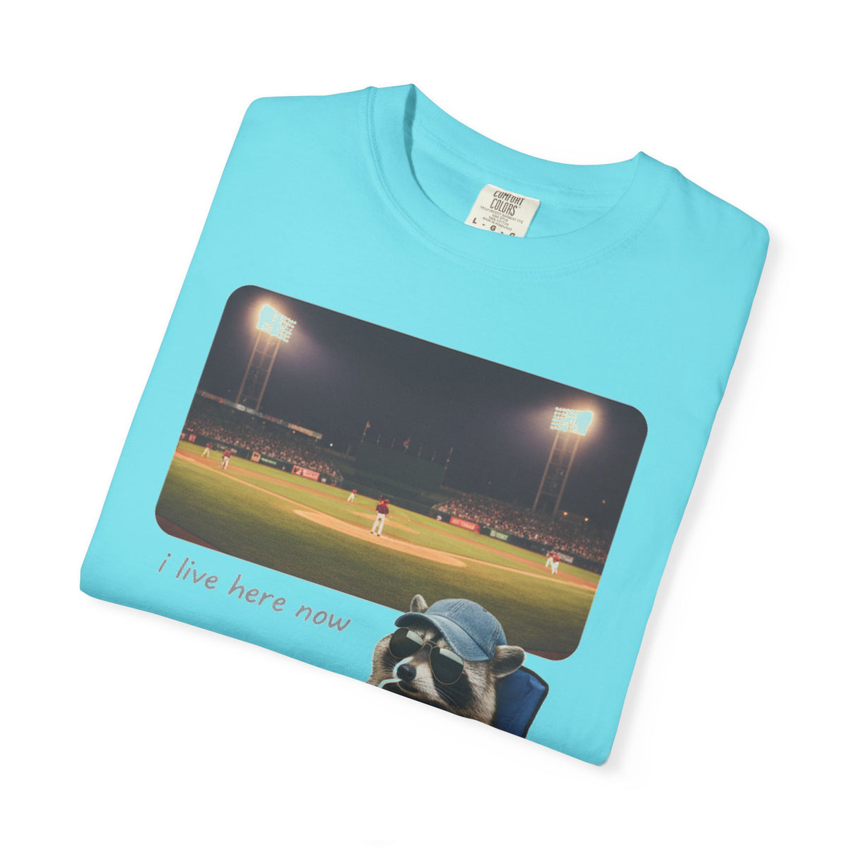 I Live Here Now Ballpark Raccoon Shirt, Funny Baseball Parent Tee, Camp Chair Raccoon Shirt, Sports Mom Gift