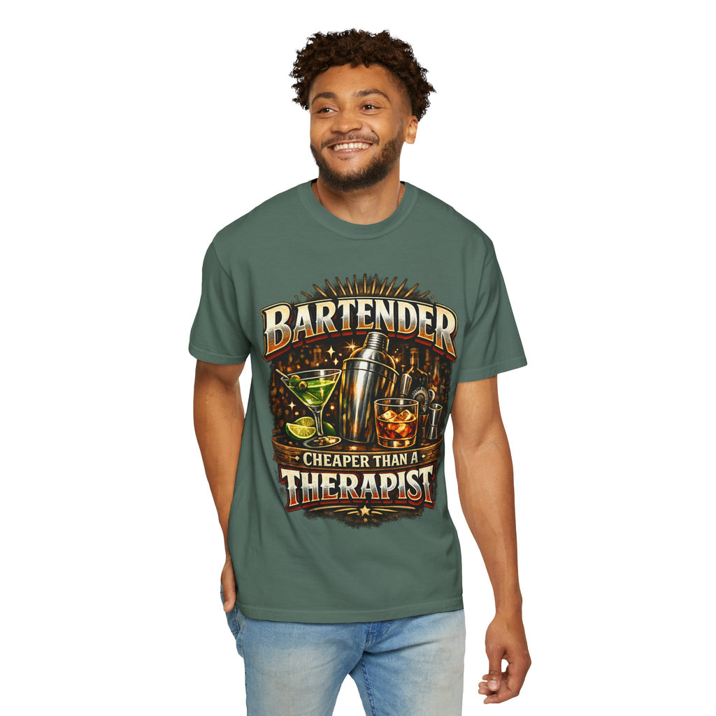 Bartender T-Shirt — "Bartender: Cheaper Than a Therapist" Vintage Bar Graphic Tee