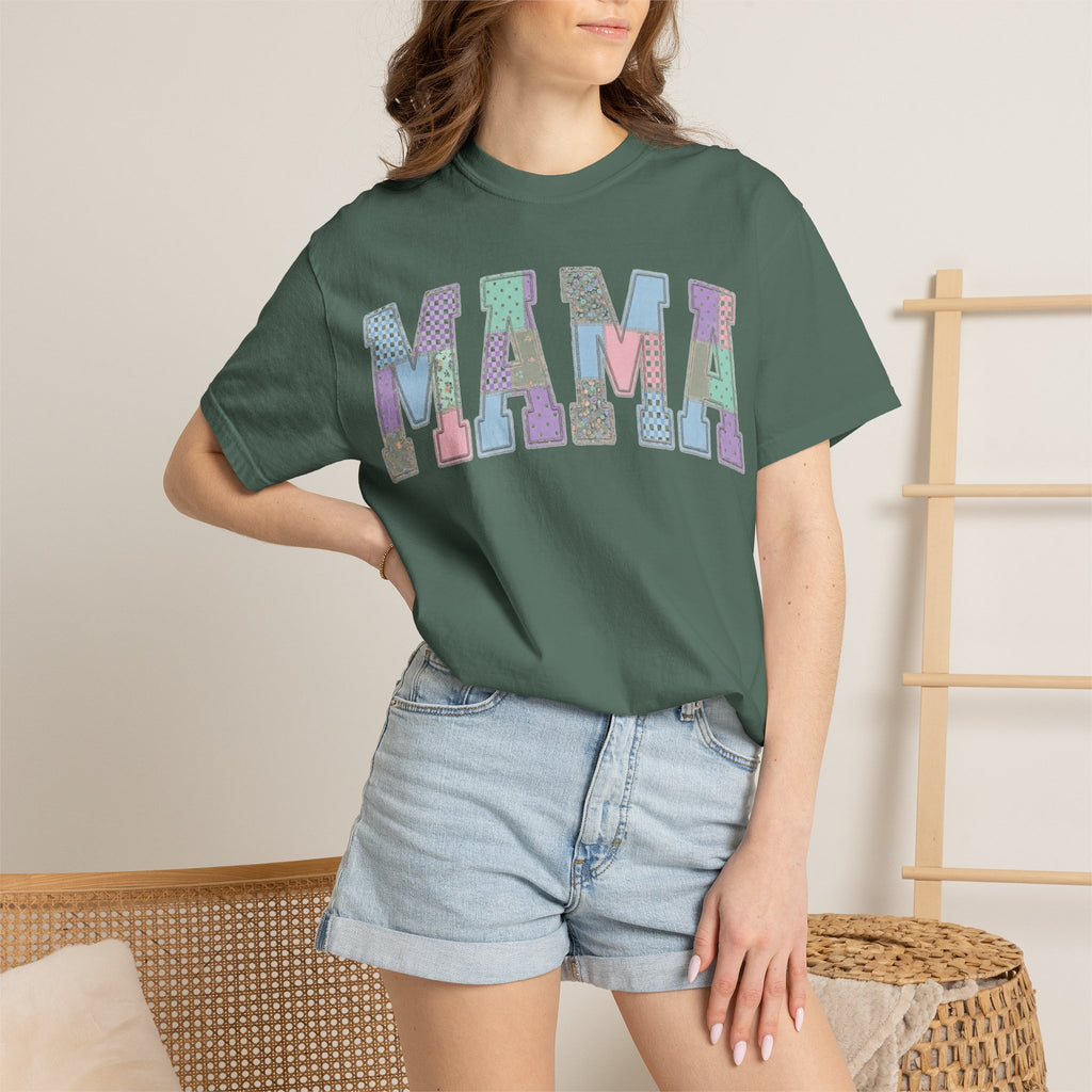 Mama Patchwork Shirt, Pastel Faux Applique Varsity Tee, Shabby Chic Mom Shirt, Mothers Day Gift