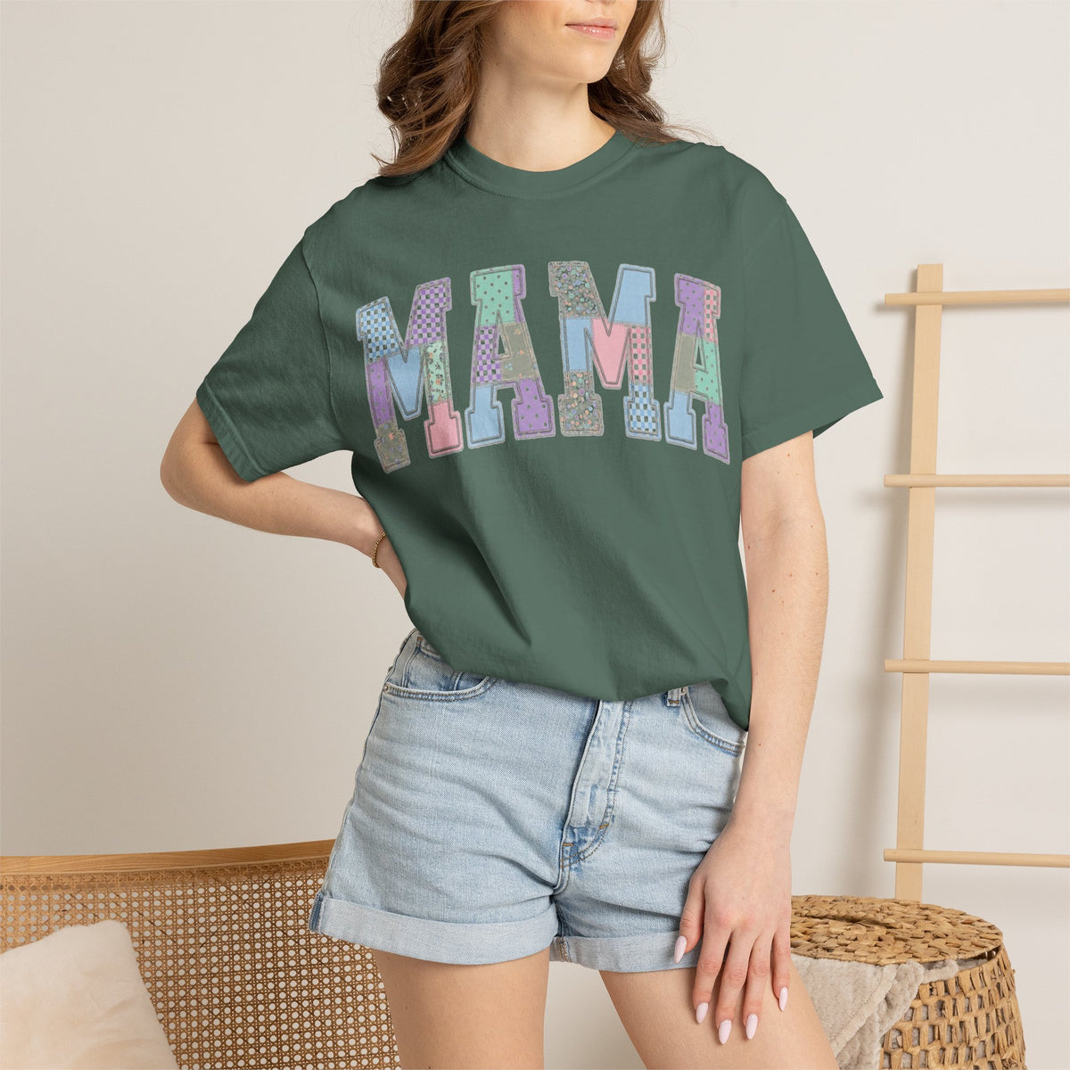 Mama Patchwork Shirt, Pastel Faux Applique Varsity Tee, Shabby Chic Mom Shirt, Mothers Day Gift