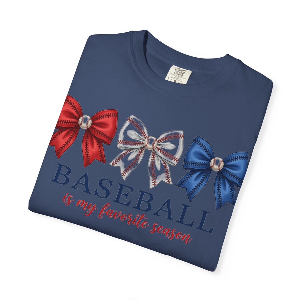 Baseball Is My Favorite Season Tee, Small Bow Trio Baseball Shirt, Coquette Sports Mom Shirt, Game Day Gift