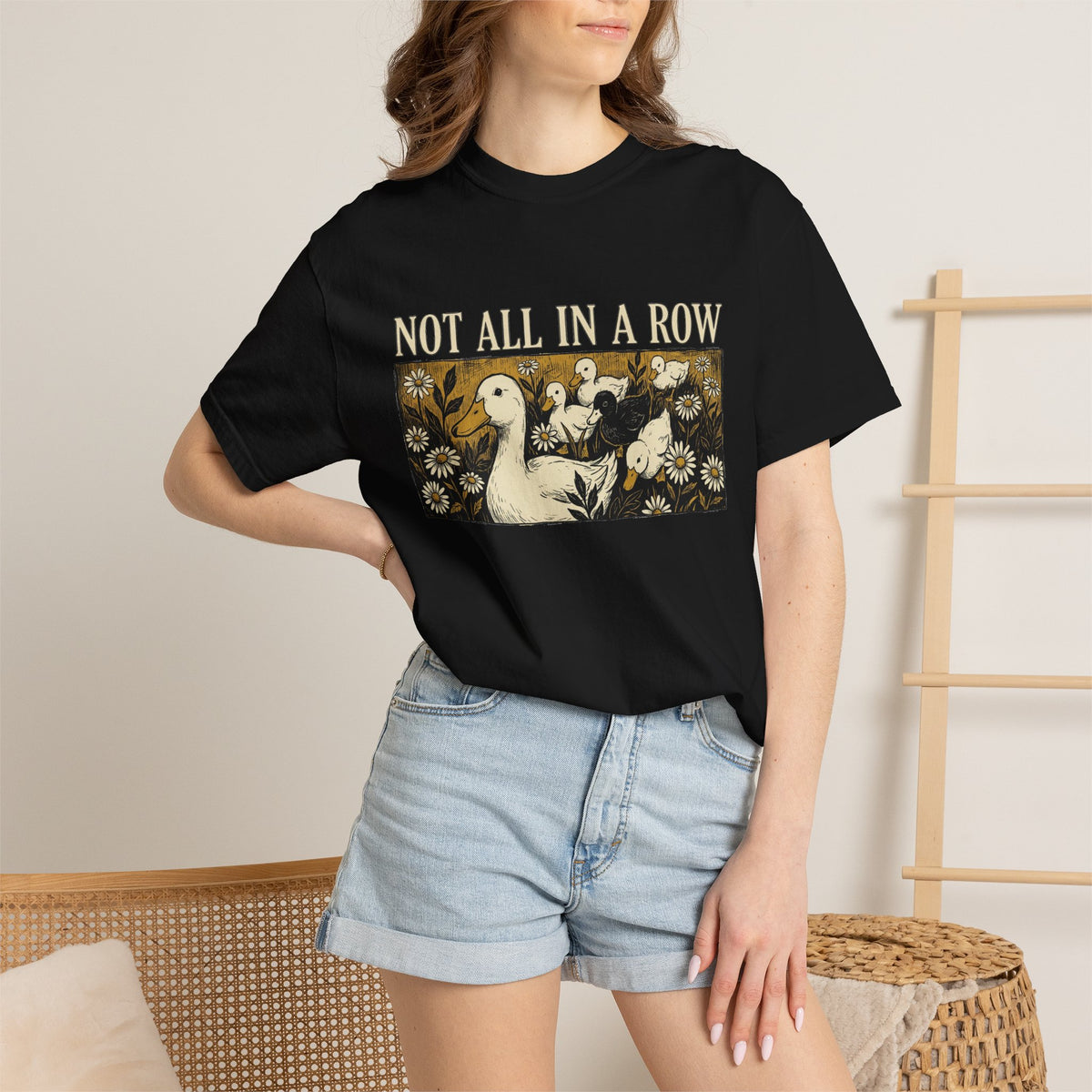 Not All In A Row Shirt, Woodcut Duck And Daisies Tee, Vintage Block Print Shirt, Funny Duck Gift