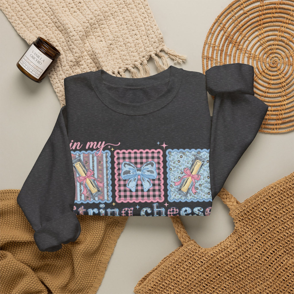 In My String Cheese Era Sweatshirt, Coquette Bow Snack Sweatshirt, Funny Girly Meme Sweatshirt, Pastel Pink Blue Gift for Her, Cute Food Hum