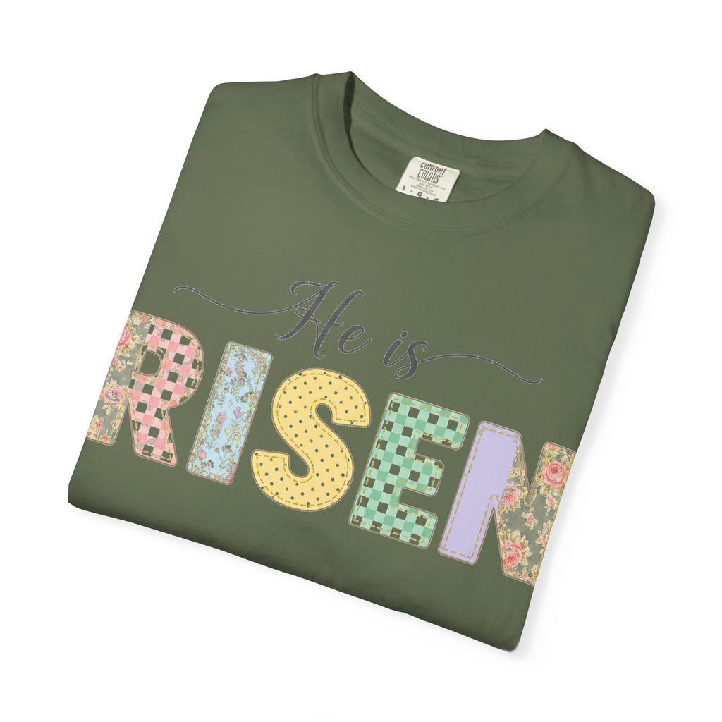 He Is Risen Pastel Patch Shirt, Easter Faux Stitch Letter Tee, Christian Spring Shirt, Easter Gift