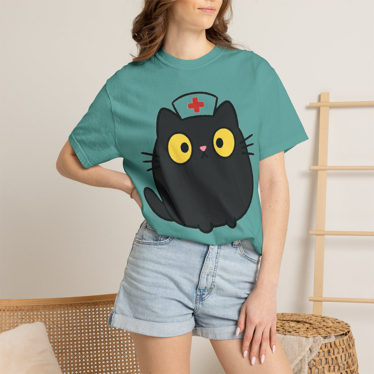 Kawaii Black Cat Nurse Shirt, Cute Cat In Nurse Cap Tee, Funny Nurse Cat Shirt, RN Gift
