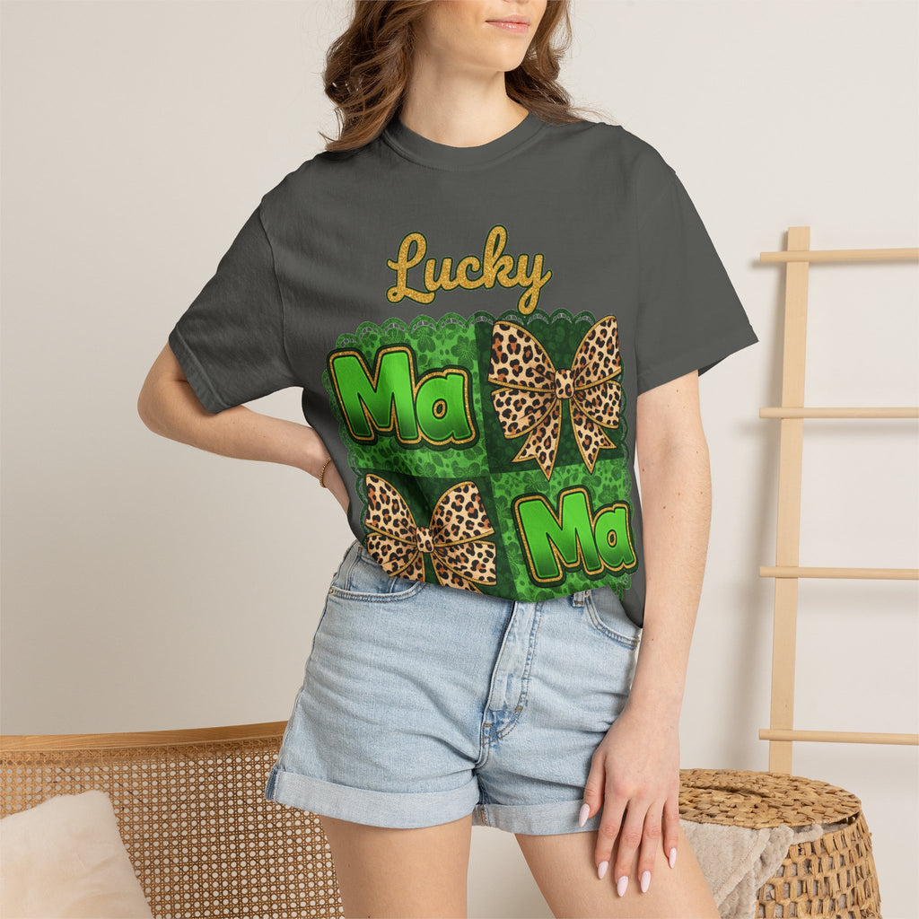 Lucky Mama Quad Shirt, Shamrock Leopard Bow Tee, St Patricks Day Mom Shirt, Irish Mama Gift