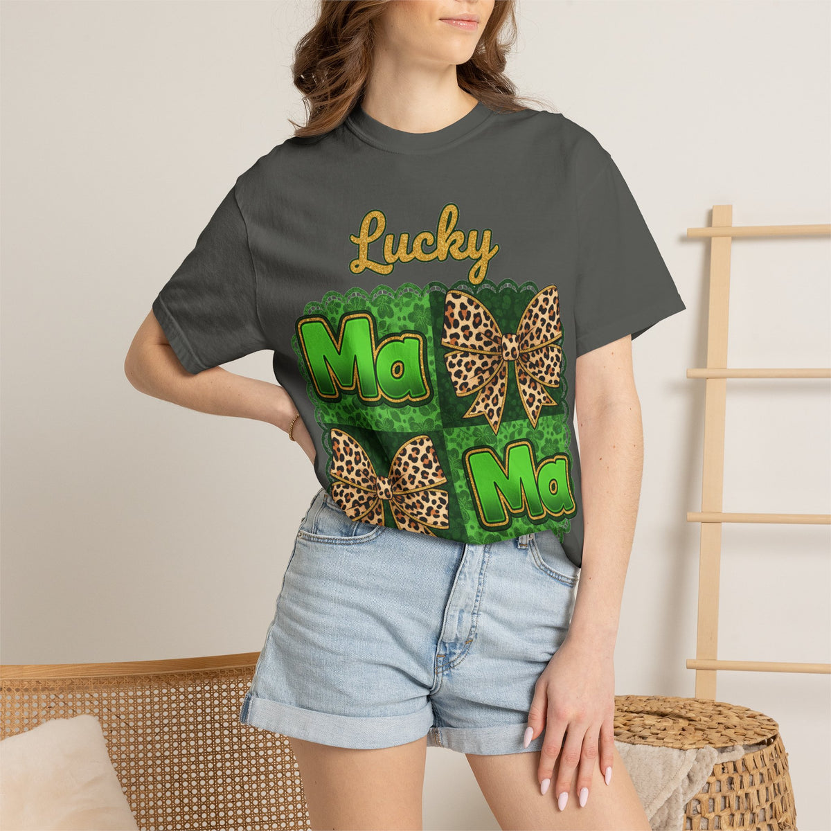 Lucky Mama Quad Shirt, Shamrock Leopard Bow Tee, St Patricks Day Mom Shirt, Irish Mama Gift