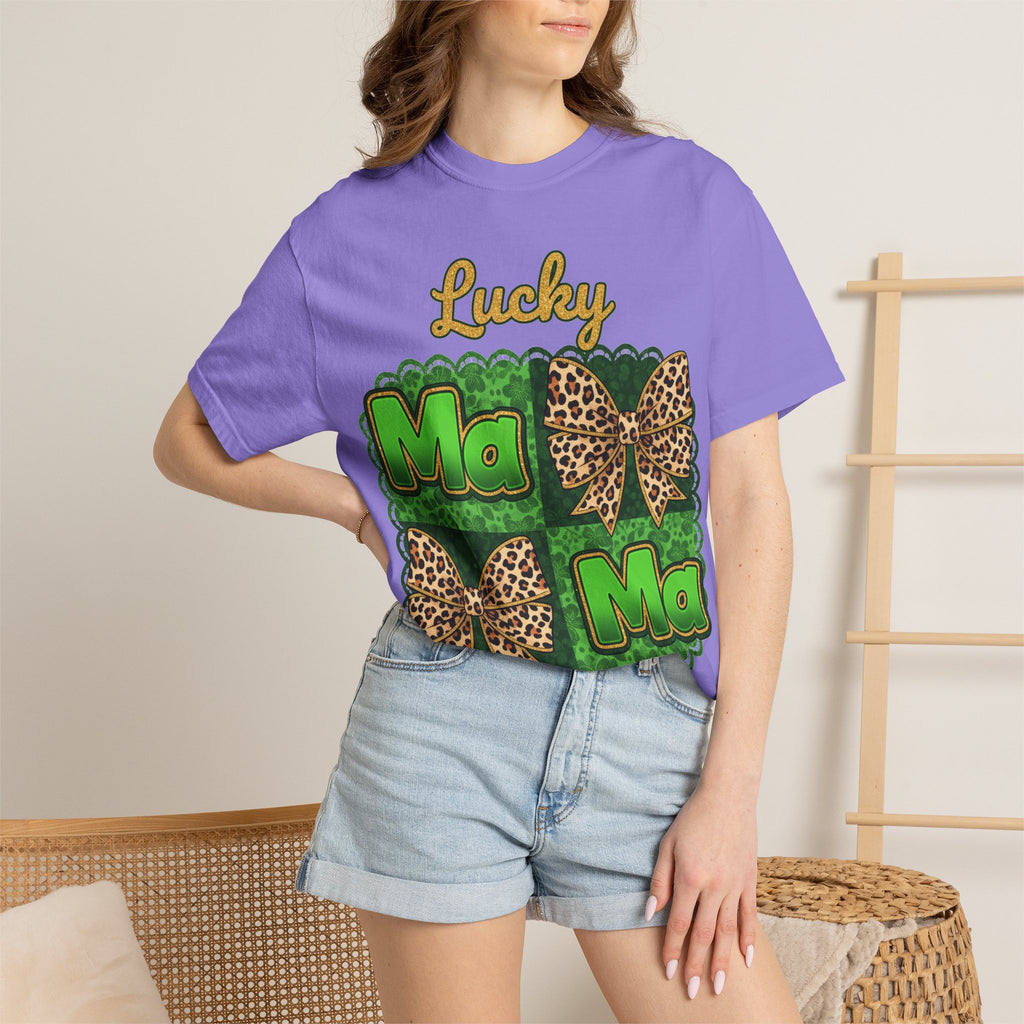 Lucky Mama Quad Shirt, Shamrock Leopard Bow Tee, St Patricks Day Mom Shirt, Irish Mama Gift