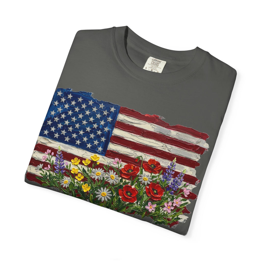 Painted Flag Wildflower Meadow Shirt, Impasto Americana Floral Tee, Patriotic Shirt, Independence Day Gift