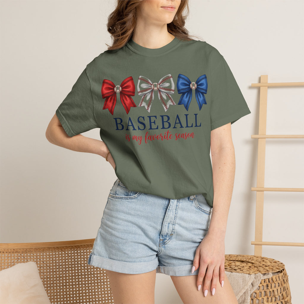 Baseball Is My Favorite Season Tee, Small Bow Trio Baseball Shirt, Coquette Sports Mom Shirt, Game Day Gift