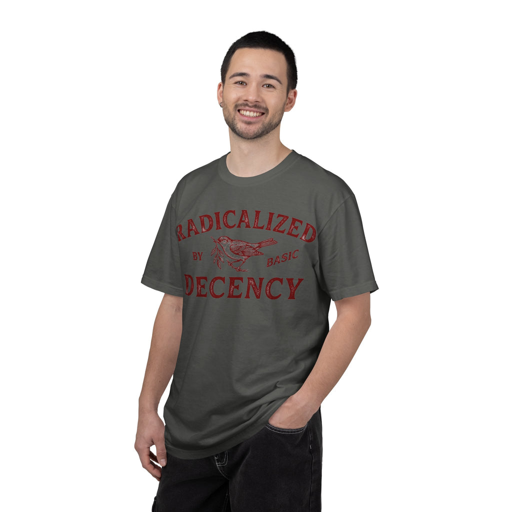 Radicalized By Basic Decency Bold Shirt, Engraved Bird Typography Tee, Kindness Statement Shirt, Protest Gift