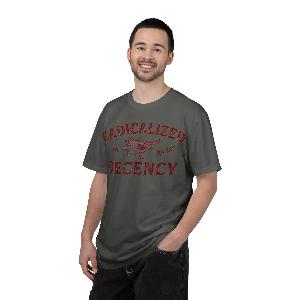 Radicalized By Basic Decency Bold Shirt, Engraved Bird Typography Tee, Kindness Statement Shirt, Protest Gift