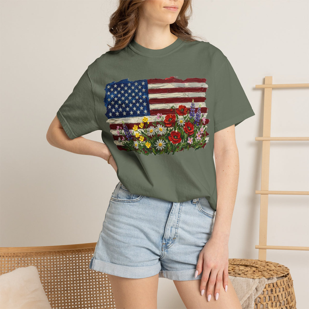 Painted Flag Wildflower Meadow Shirt, Impasto Americana Floral Tee, Patriotic Shirt, Independence Day Gift