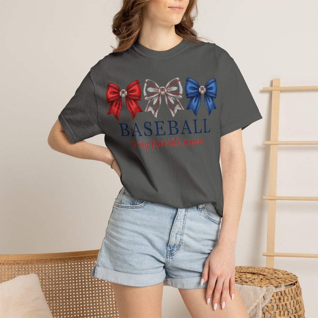 Baseball Is My Favorite Season Tee, Small Bow Trio Baseball Shirt, Coquette Sports Mom Shirt, Game Day Gift