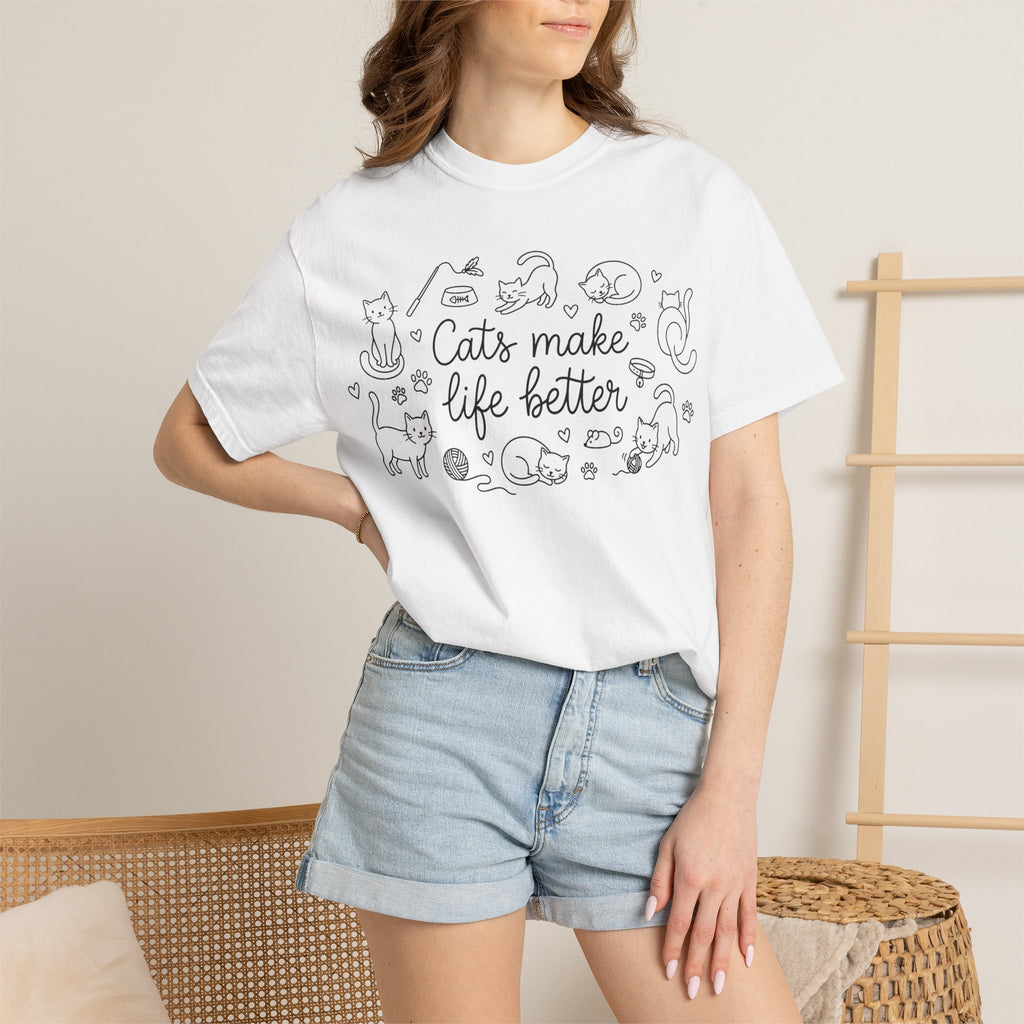 Cats Make Life Better Doodle Shirt, Minimal Cat Line Drawing Tee, Cat Lady Shirt, Cat Owner Gift