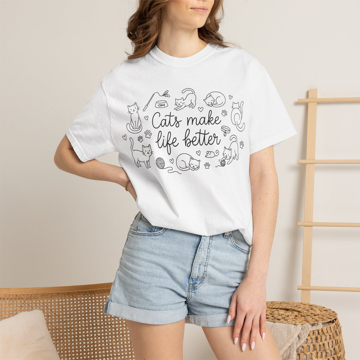 Cats Make Life Better Doodle Shirt, Minimal Cat Line Drawing Tee, Cat Lady Shirt, Cat Owner Gift