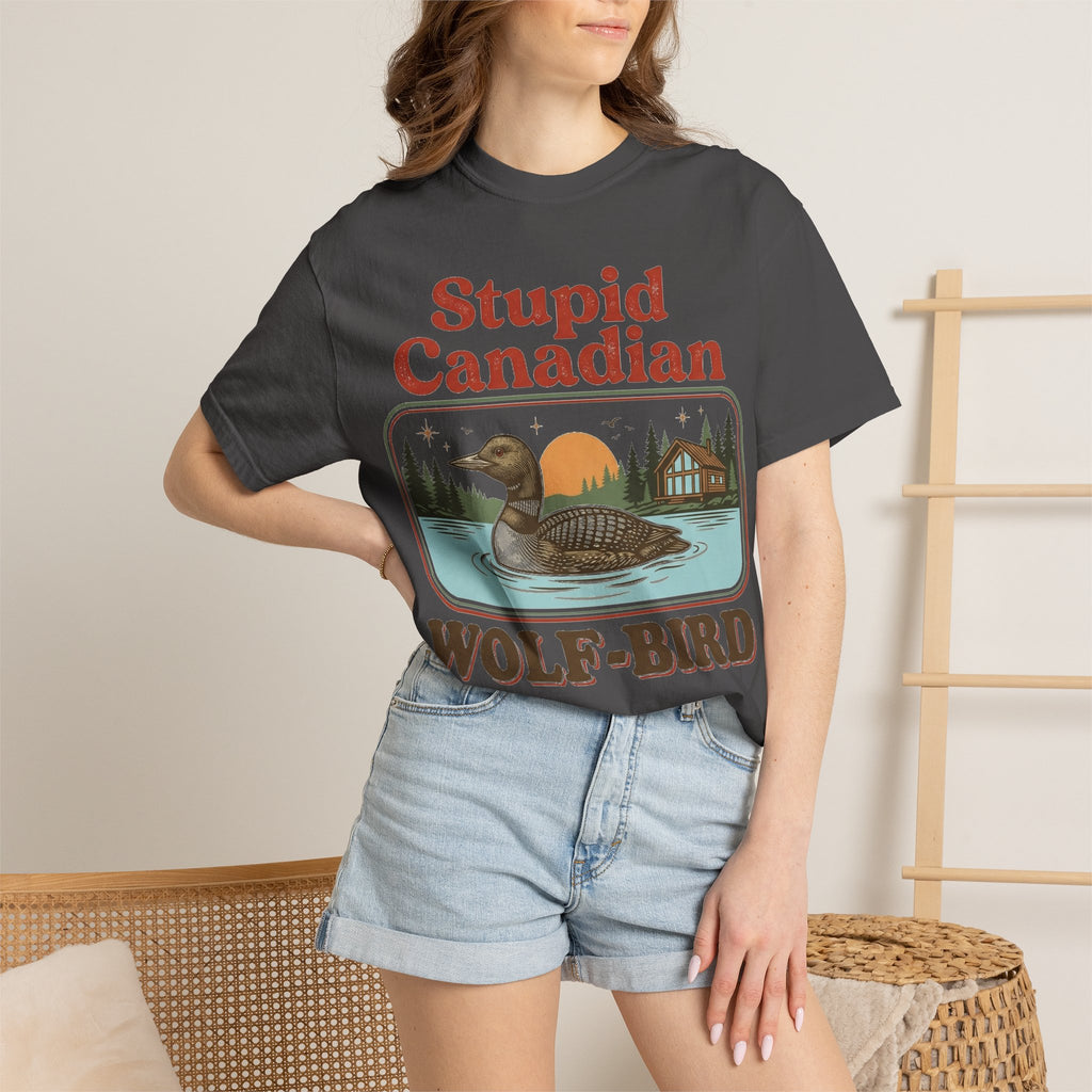Stupid Canadian Wolf-Bird Classic Shirt, Loon Lake Scene Badge Tee, Funny Cabin Shirt, Lake Life Gift
