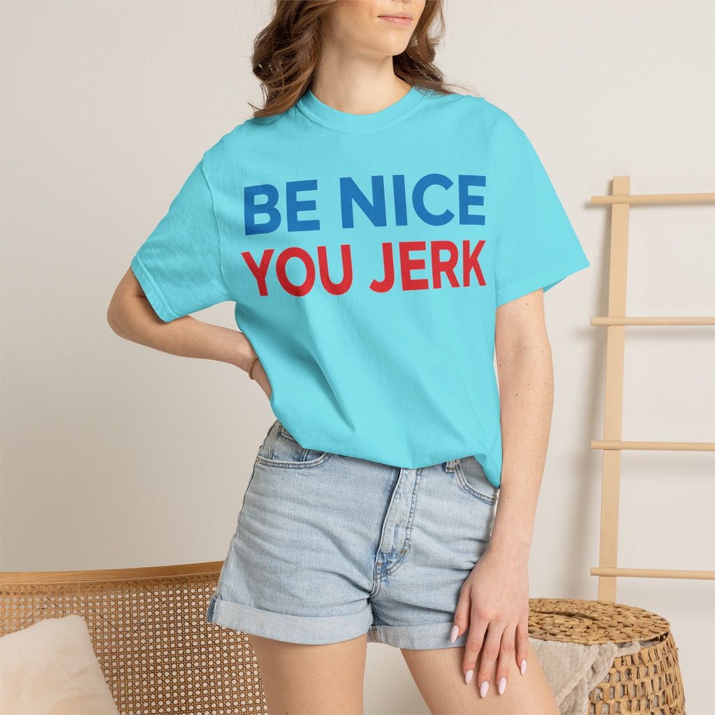 Be Nice You Jerk Wide Shirt, Funny Sarcastic Saying Tee, Light Blue And Red Shirt, Funny Friend Gift