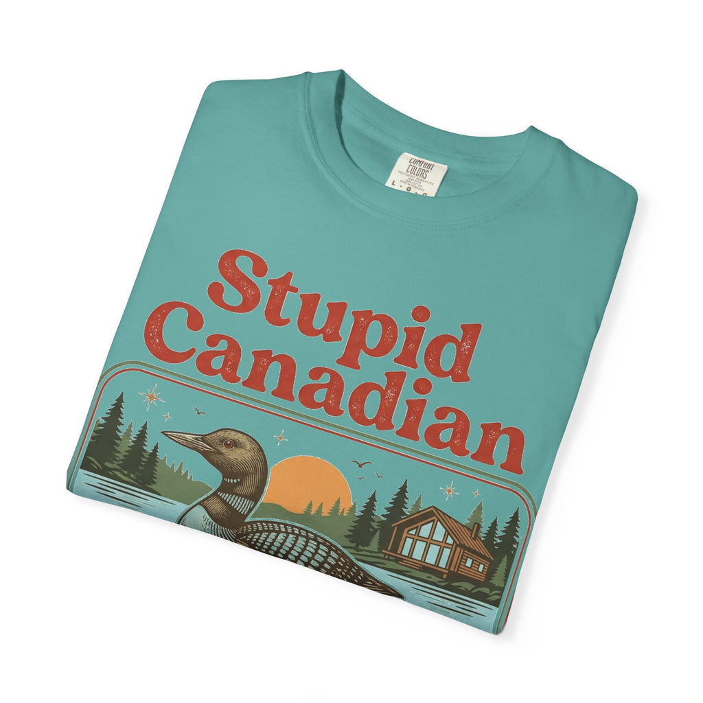 Stupid Canadian Wolf-Bird Classic Shirt, Loon Lake Scene Badge Tee, Funny Cabin Shirt, Lake Life Gift