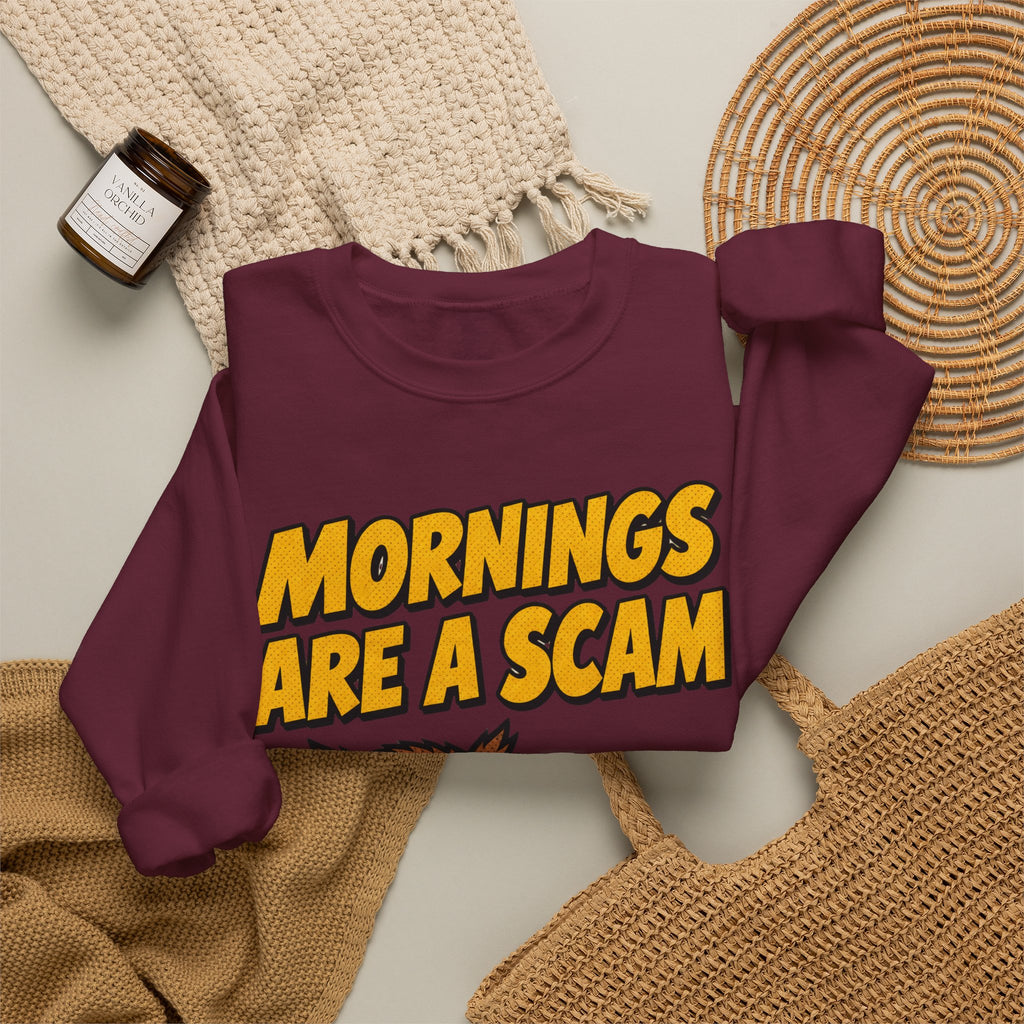 Sarcastic Sweatshirt Mornings Are A Scam | Grumpy Owl Comic Sweatshirt | Funny Not A Morning Person Gift | Anti Morning
