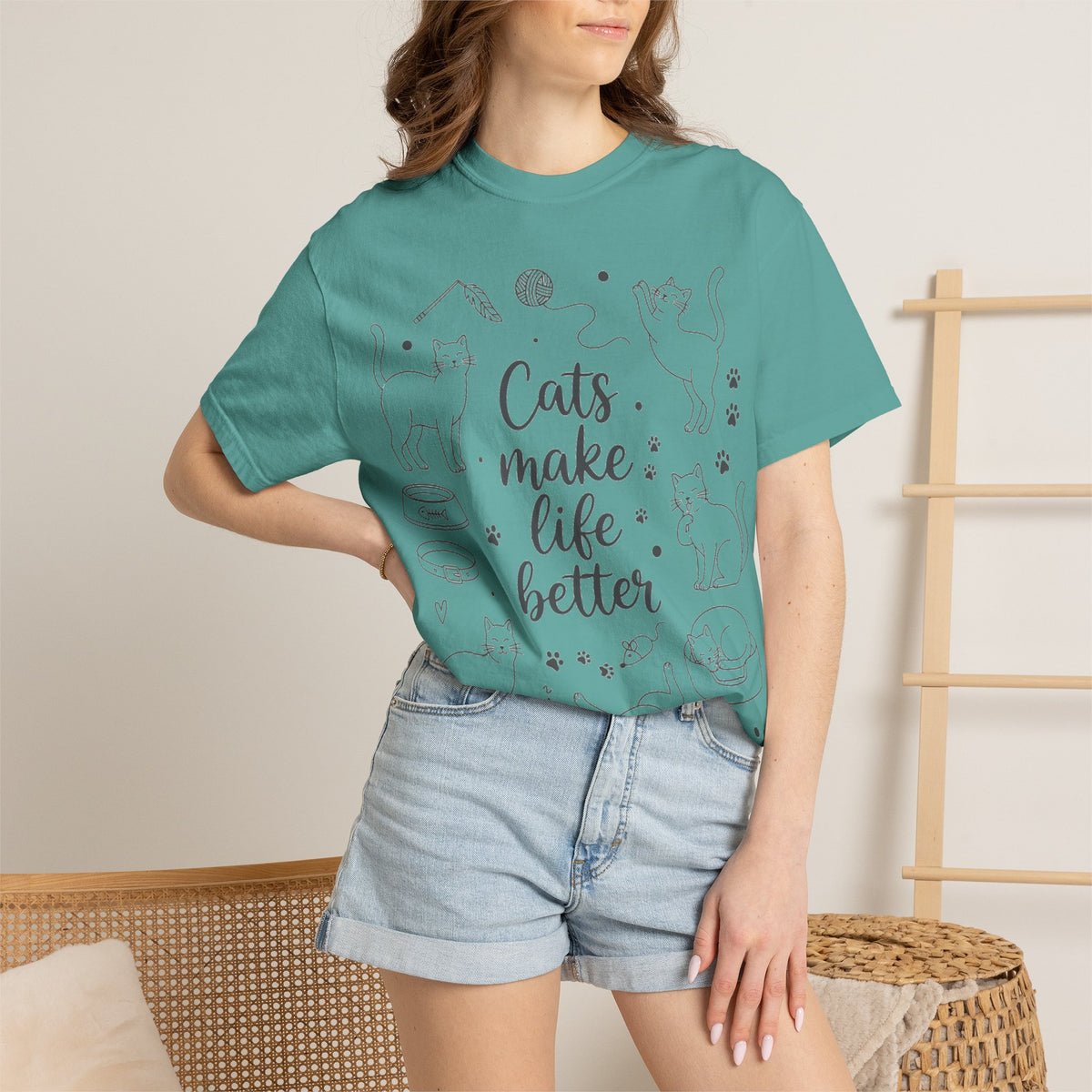 Cats Make Life Better Tall Shirt, Line Art Cat Collage Tee, Cat Lover Shirt, Cat Mom Gift