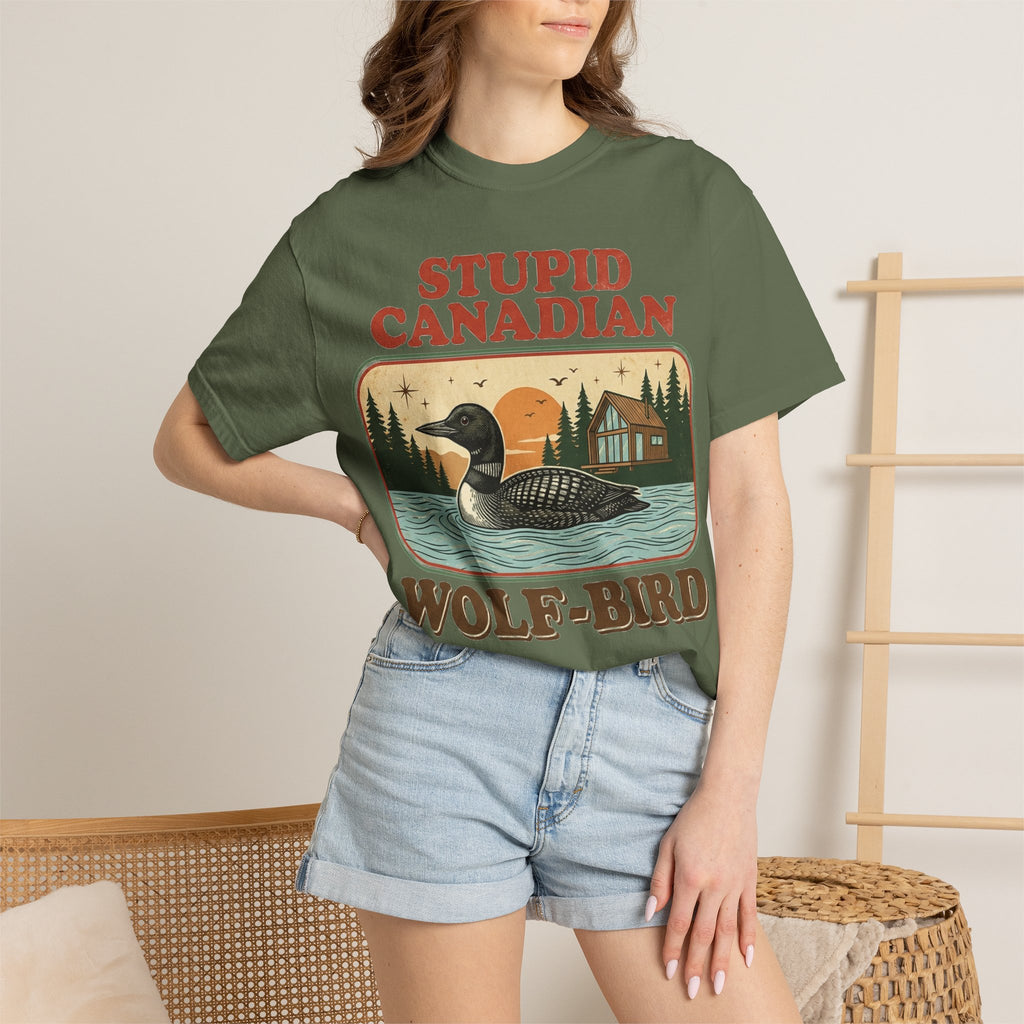 Stupid Canadian Wolf-Bird Shirt, Retro Loon Lake Badge Tee, Funny Canada Cabin Shirt, Lake Life Gift