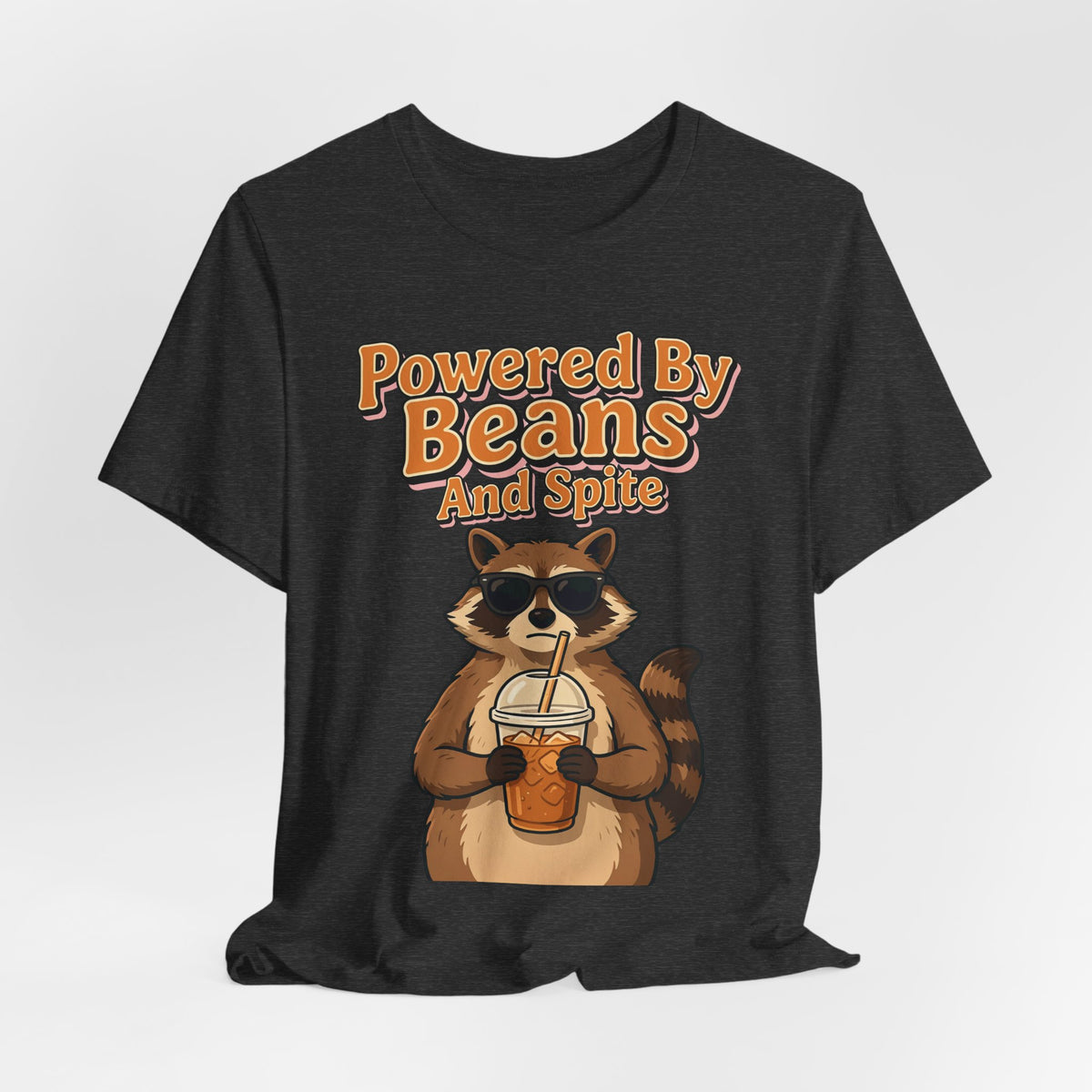 Funny Coffee Shirt Powered By Beans And Spite | Sarcastic Coffee Lover Shirt | Iced Coffee Raccoon Shirt | Gift