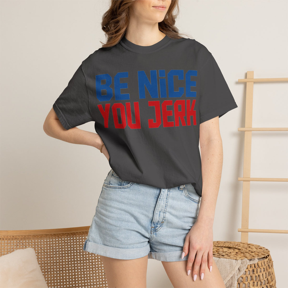 Be Nice You Jerk Condensed Shirt, Funny Snarky Quote Tee, Red And Blue Type Shirt, Sarcastic Gift