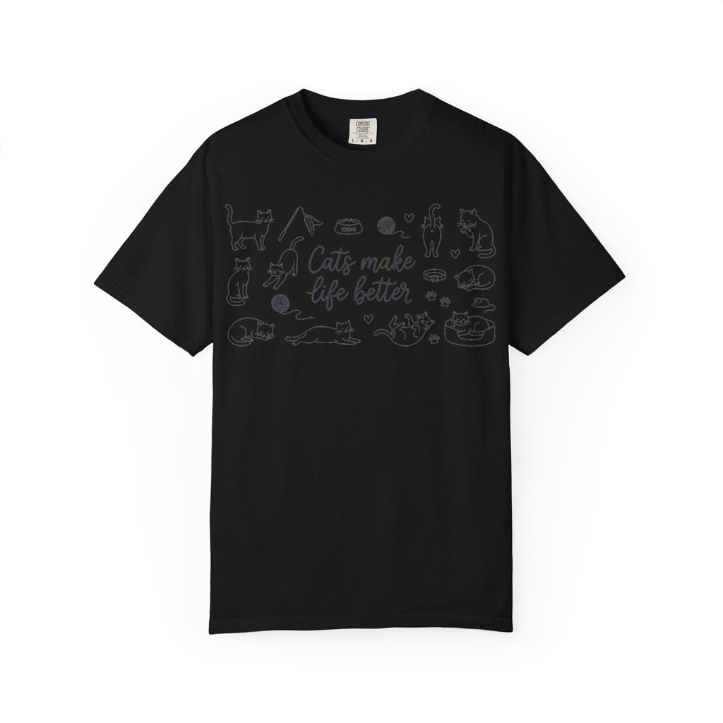Cats Make Life Better Wide Shirt, Scattered Cat Doodle Tee, Minimal Cat Lover Shirt, Cat Owner Gift