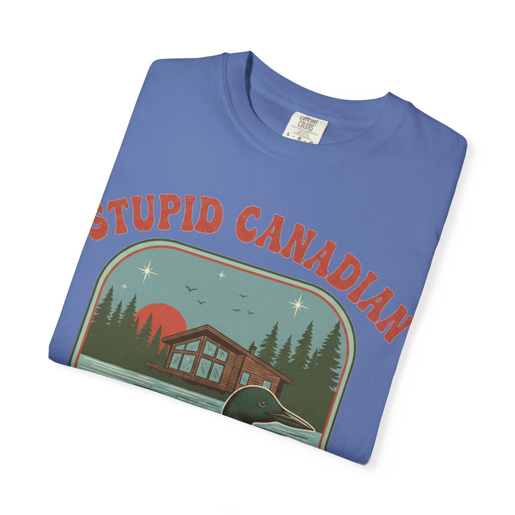 Stupid Canadian Wolf-Bird Arched Shirt, Retro Loon Sunset Badge Tee, Funny Lake Shirt, Cabin Gift