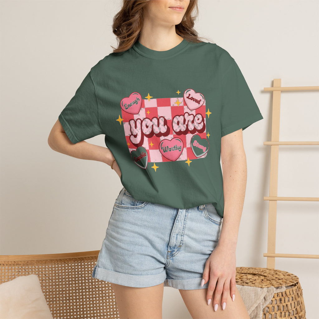 You Are Enough Pink Check Shirt, Affirmation Conversation Heart Tee, Valentines Shirt, Self Love Gift