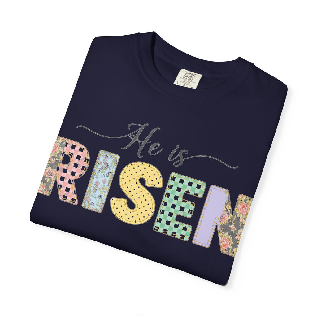 He Is Risen Pastel Patch Shirt, Easter Faux Stitch Letter Tee, Christian Spring Shirt, Easter Gift