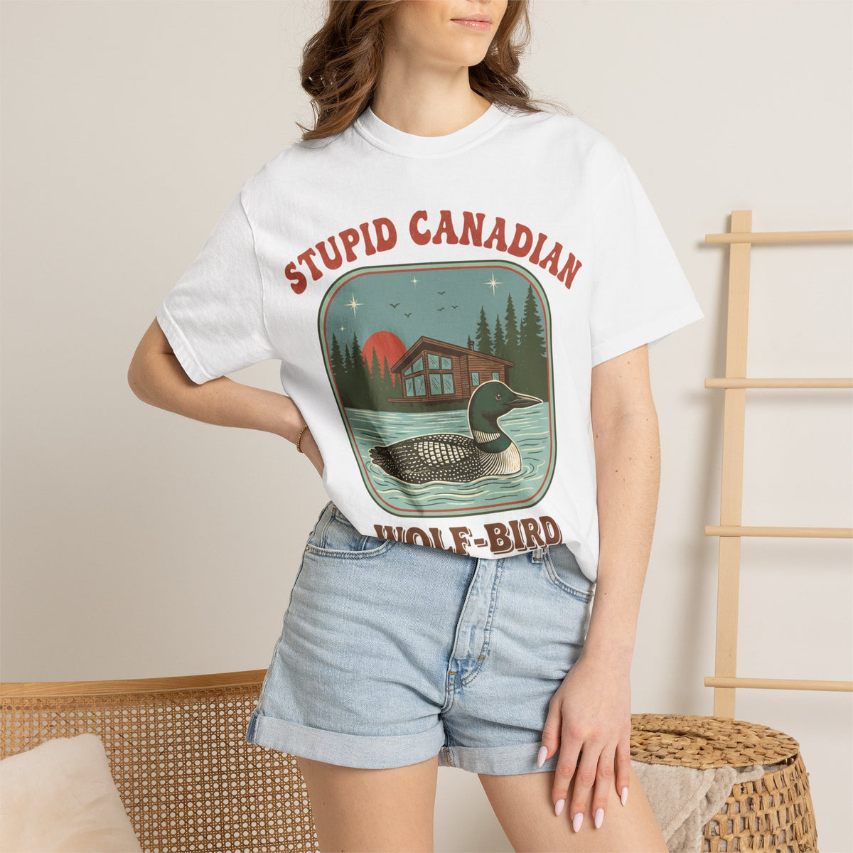 Stupid Canadian Wolf-Bird Arched Shirt, Retro Loon Sunset Badge Tee, Funny Lake Shirt, Cabin Gift