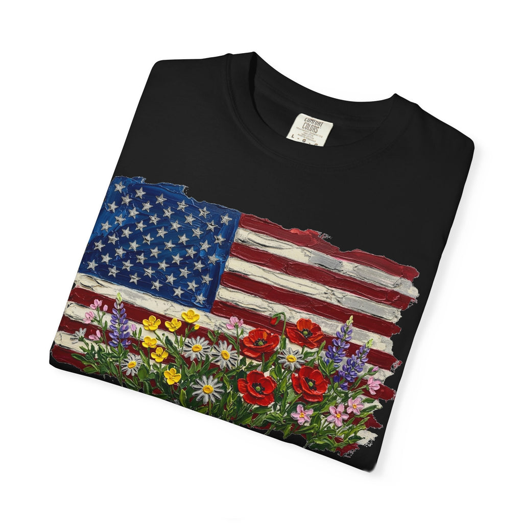 Painted Flag Wildflower Meadow Shirt, Impasto Americana Floral Tee, Patriotic Shirt, Independence Day Gift