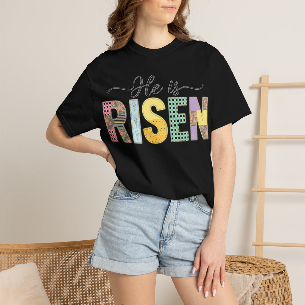 He Is Risen Floral Applique Shirt, Rose Gingham Easter Tee, Christian Patchwork Shirt, Easter Gift