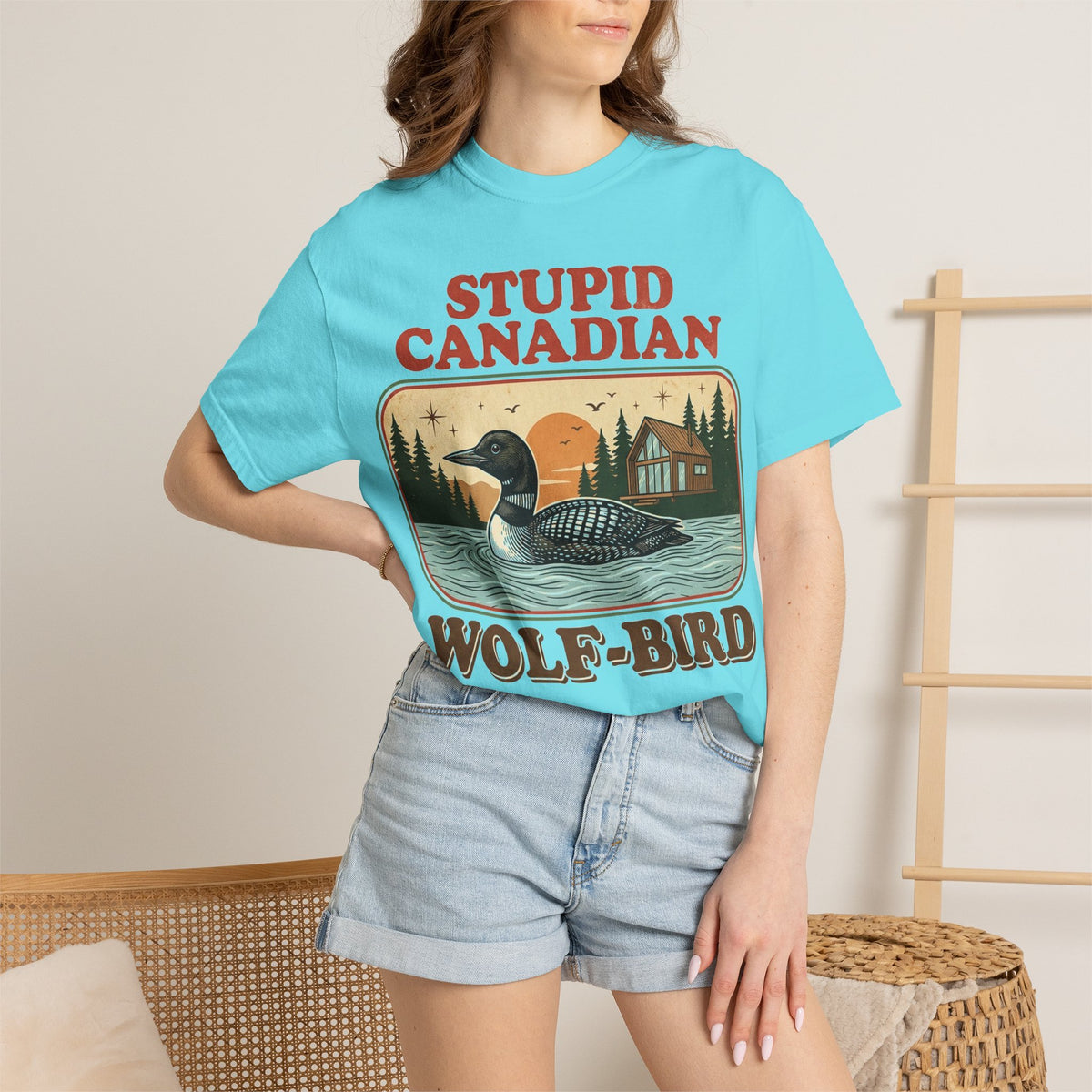 Stupid Canadian Wolf-Bird Shirt, Retro Loon Lake Badge Tee, Funny Canada Cabin Shirt, Lake Life Gift