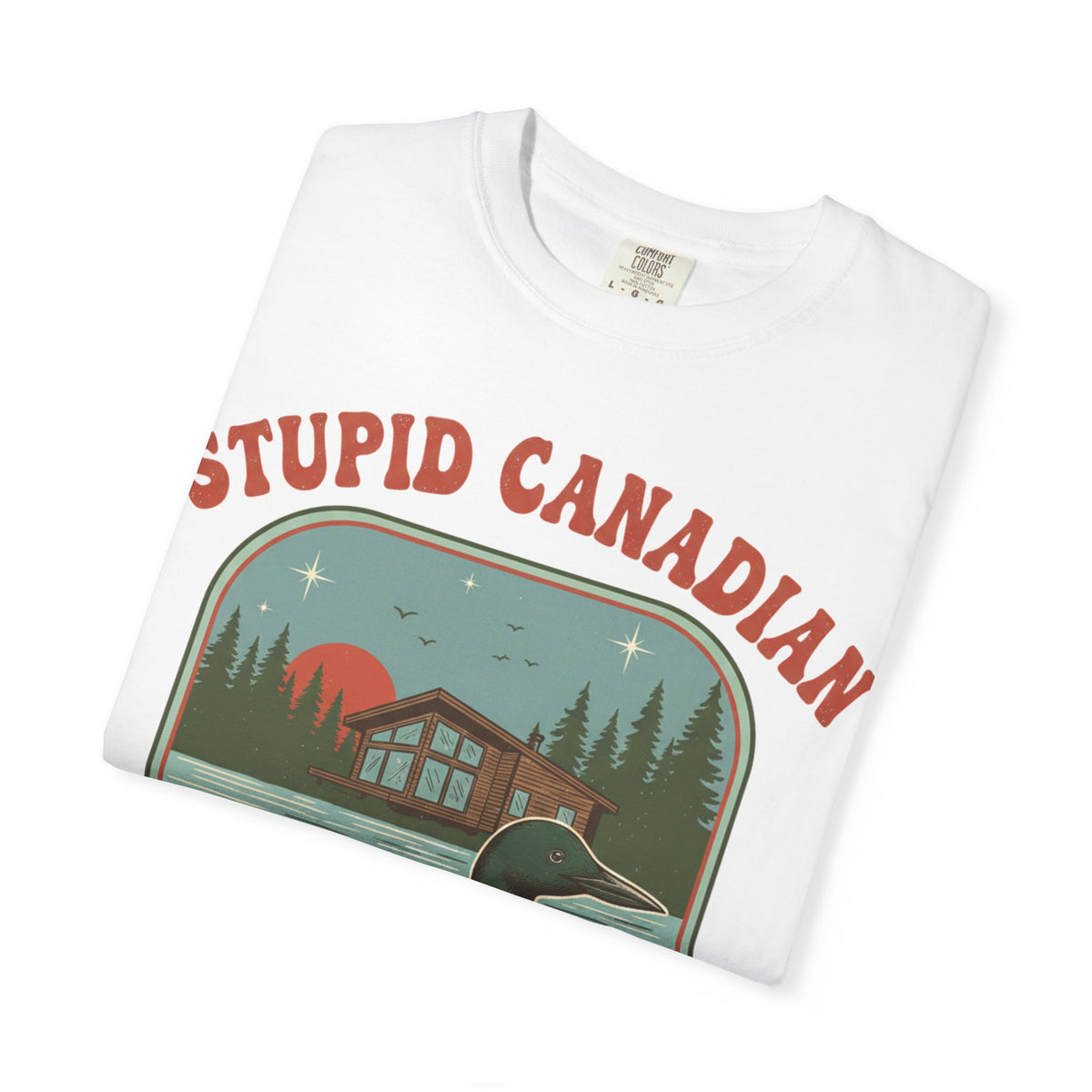 Stupid Canadian Wolf-Bird Arched Shirt, Retro Loon Sunset Badge Tee, Funny Lake Shirt, Cabin Gift