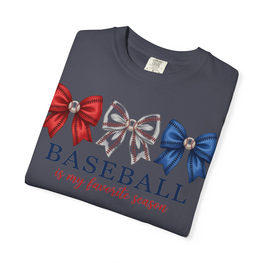 Baseball Is My Favorite Season Tee, Small Bow Trio Baseball Shirt, Coquette Sports Mom Shirt, Game Day Gift