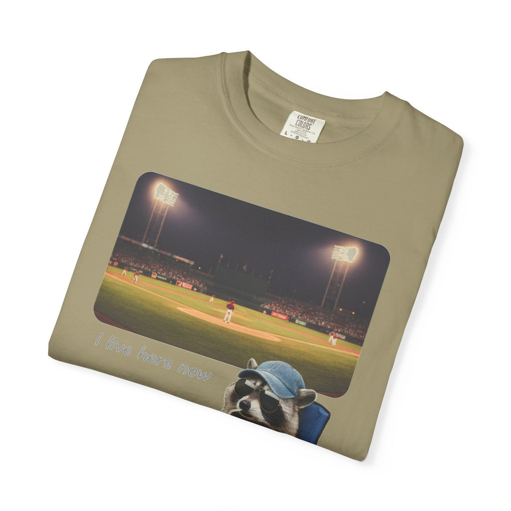 I Live Here Now Ballpark Raccoon Shirt, Funny Baseball Parent Tee, Camp Chair Raccoon Shirt, Sports Mom Gift