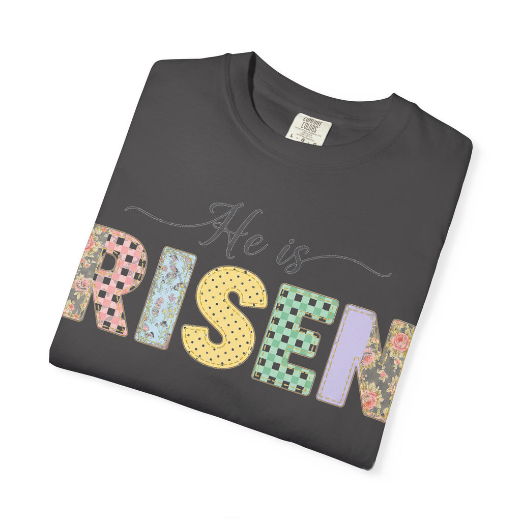 He Is Risen Pastel Patch Shirt, Easter Faux Stitch Letter Tee, Christian Spring Shirt, Easter Gift