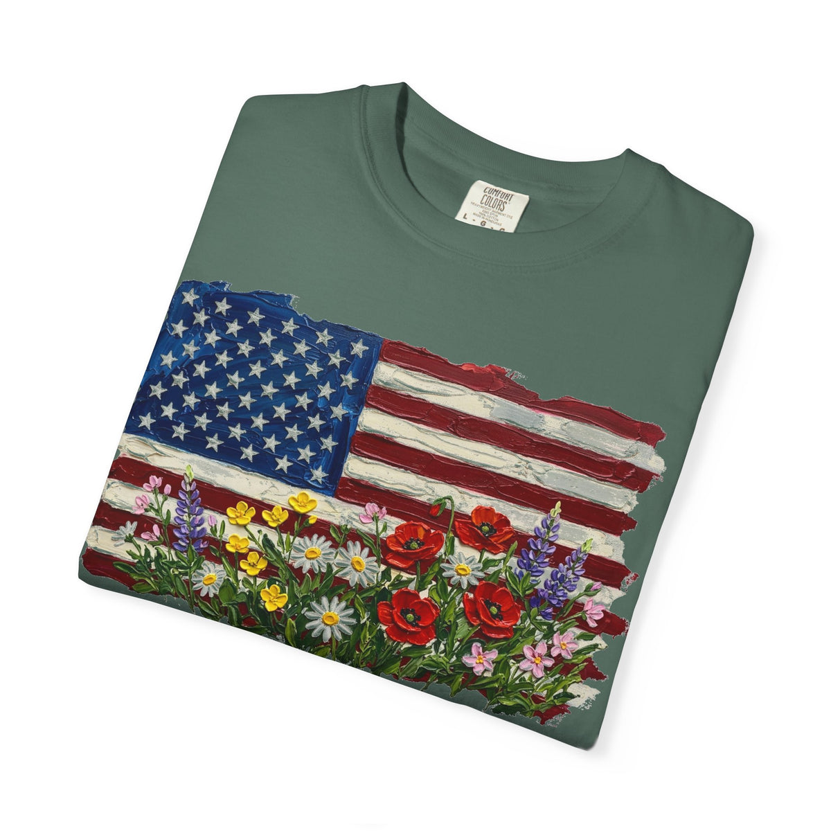 Painted Flag Wildflower Meadow Shirt, Impasto Americana Floral Tee, Patriotic Shirt, Independence Day Gift