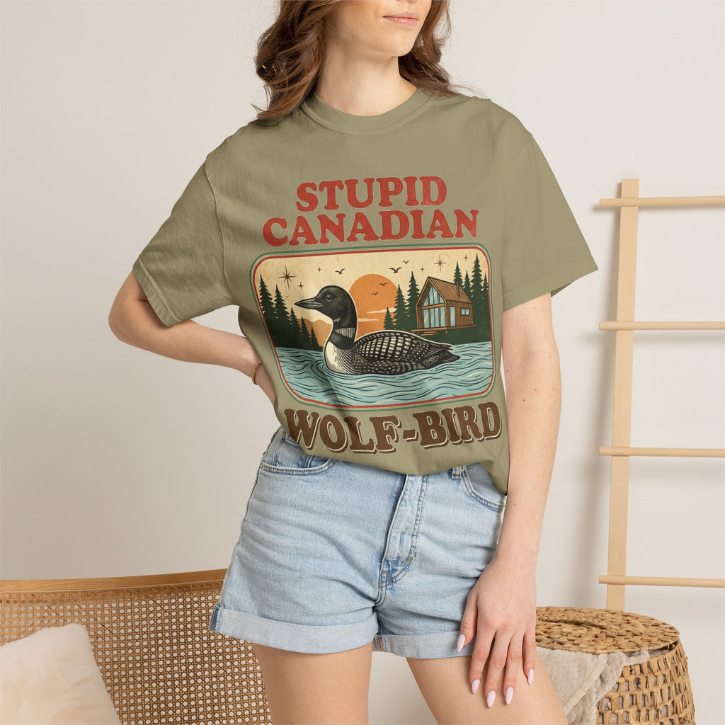 Stupid Canadian Wolf-Bird Shirt, Retro Loon Lake Badge Tee, Funny Canada Cabin Shirt, Lake Life Gift