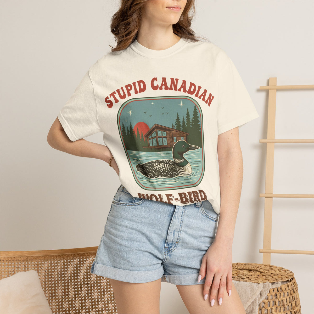 Stupid Canadian Wolf-Bird Arched Shirt, Retro Loon Sunset Badge Tee, Funny Lake Shirt, Cabin Gift