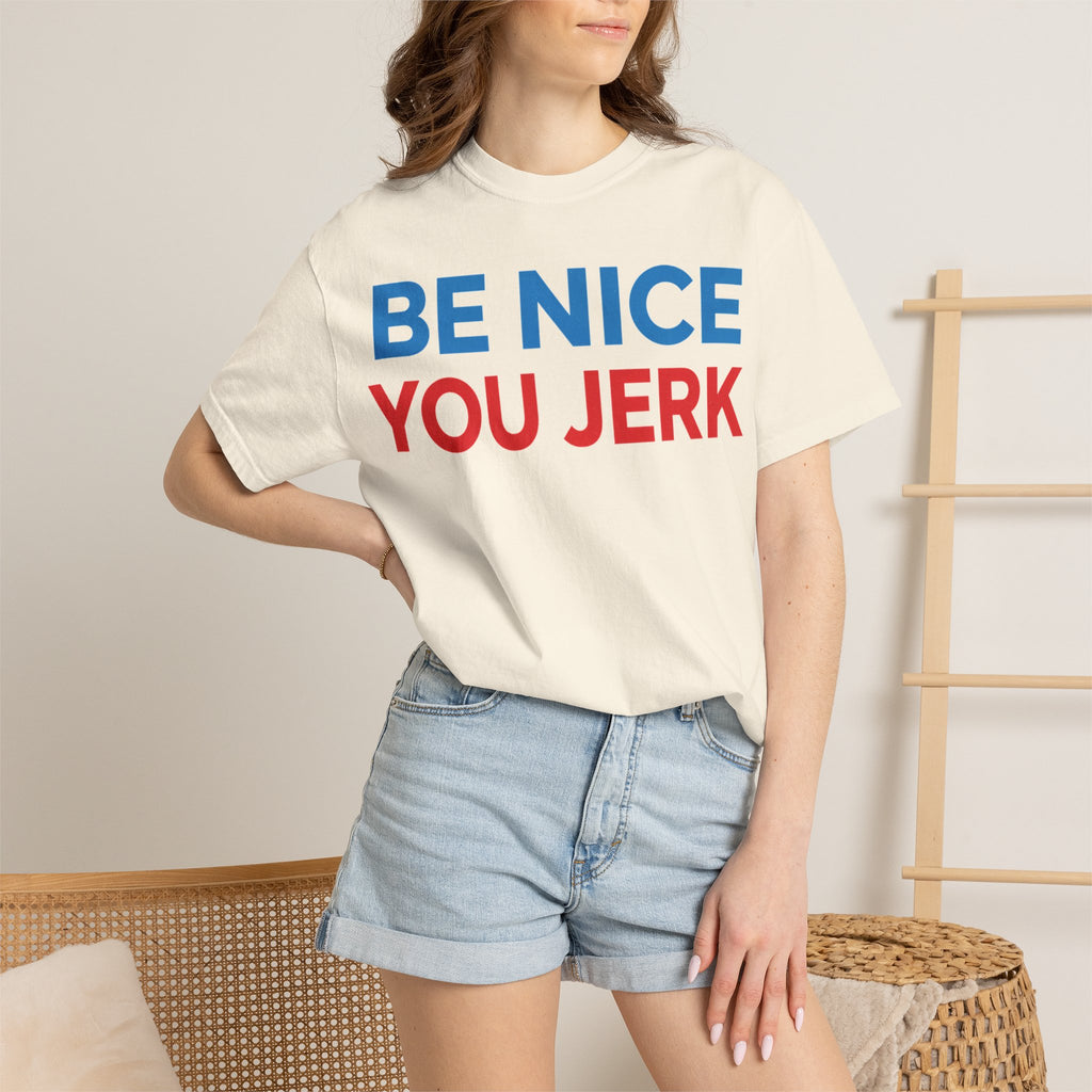 Be Nice You Jerk Wide Shirt, Funny Sarcastic Saying Tee, Light Blue And Red Shirt, Funny Friend Gift