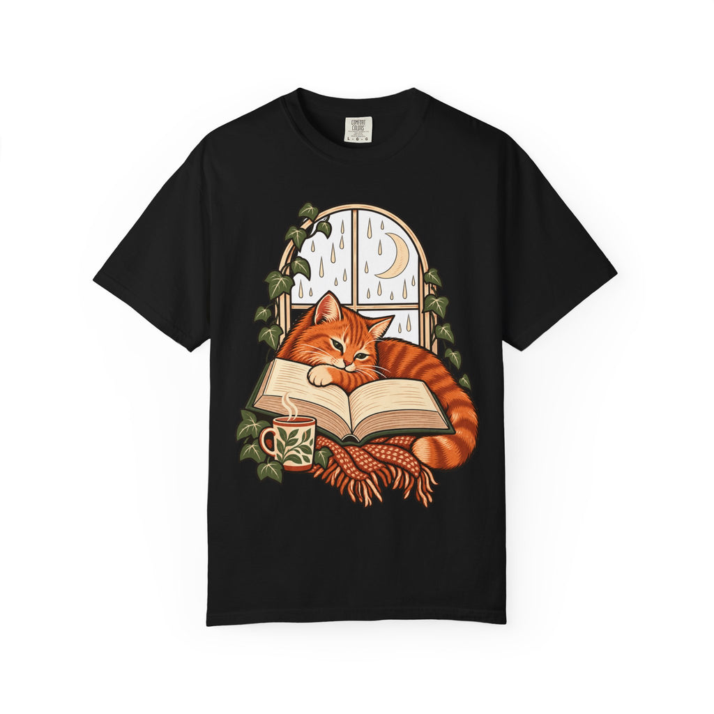 Cozy Reading Cat Shirt, Rainy Window Book Lover Comfort Colors Tee