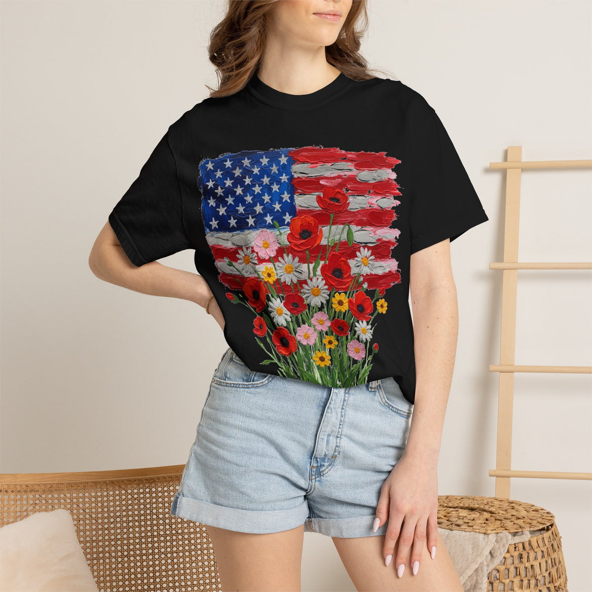 American Flag Poppy Bouquet Shirt, Impasto Patriotic Floral Tee, Memorial Day Shirt, Veterans Gift