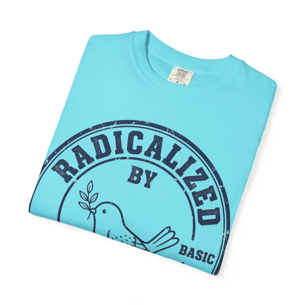 Radicalized By Basic Decency Navy Stamp Shirt, Line Art Dove Badge Tee, Kindness Protest Shirt, Activist Gift