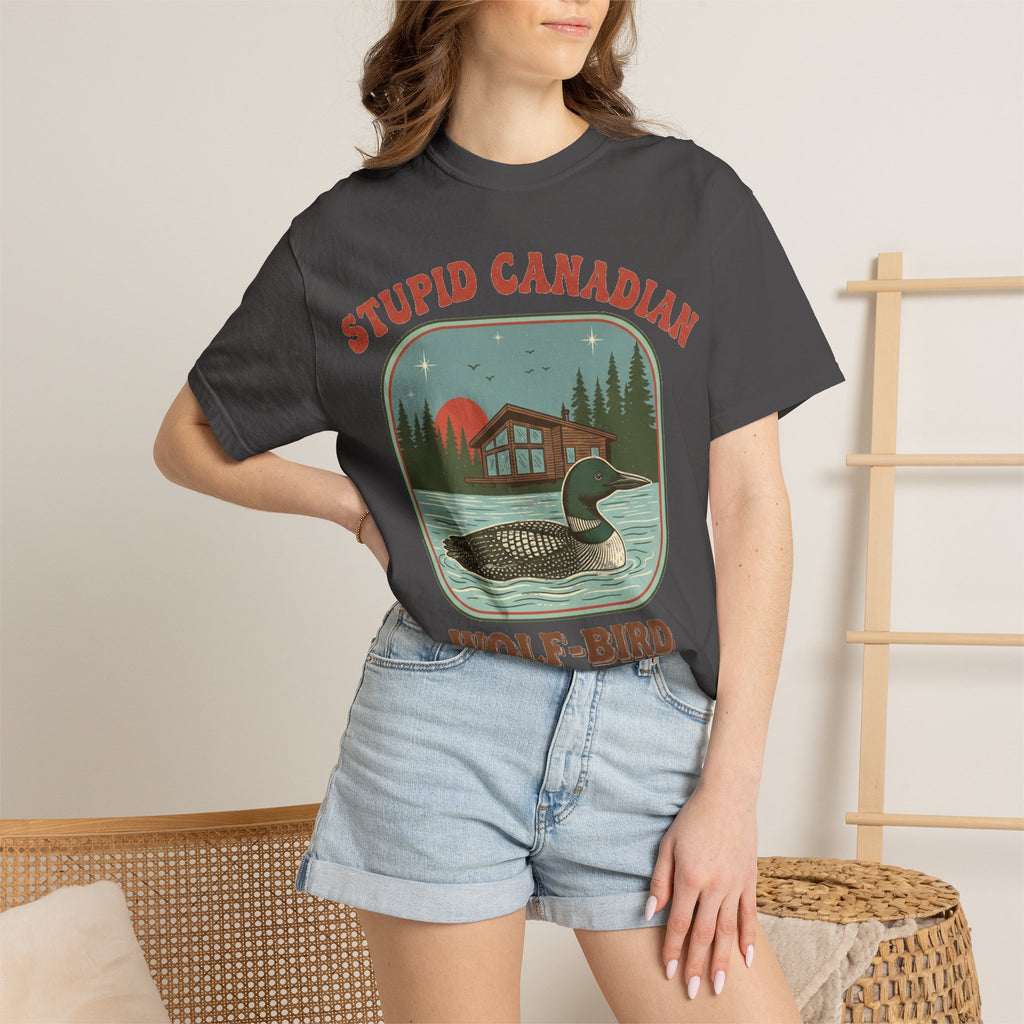 Stupid Canadian Wolf-Bird Arched Shirt, Retro Loon Sunset Badge Tee, Funny Lake Shirt, Cabin Gift